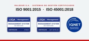 Sellos de certificación LSQA ISO 9001:2015 e ISO 45001:2018 de Ralesur S.A. y sello IQNET