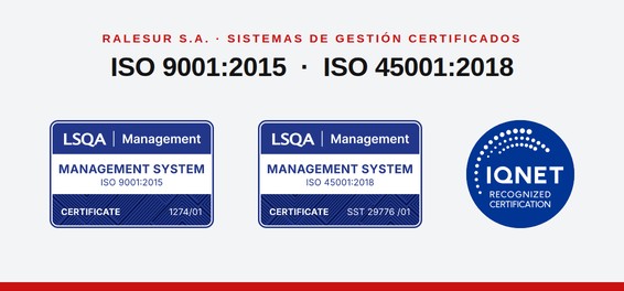 Sellos de certificación LSQA ISO 9001:2015 e ISO 45001:2018 de Ralesur S.A. y sello IQNET